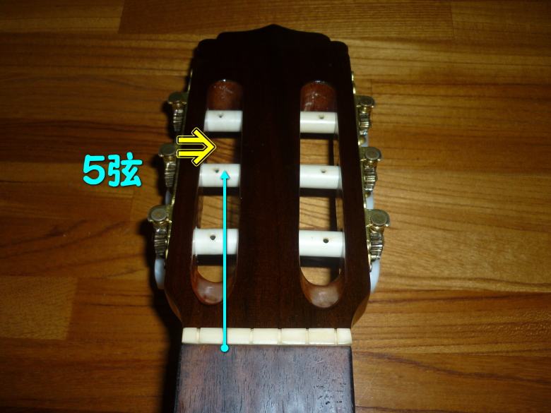 5弦のナット溝とペグ穴の画像
